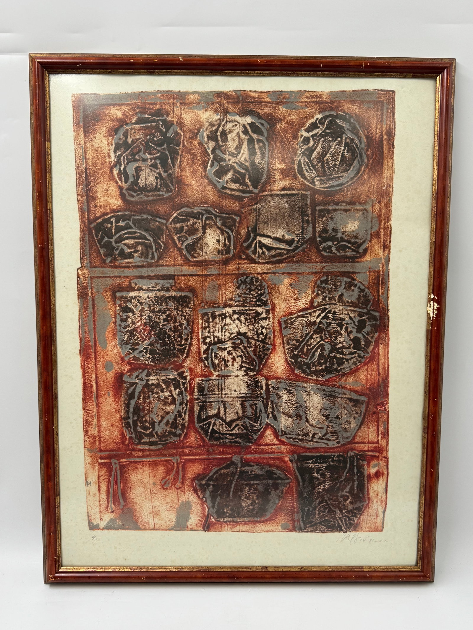 Nelson Dominguez (Cuba, b.1947) Lithograph: Description: Nelson Dominguez signed and numbered print. Abstract composition in brown and black tones. Framed and glazed. Signed lower right and numbered 5/6. Medium: LithographDimensions: