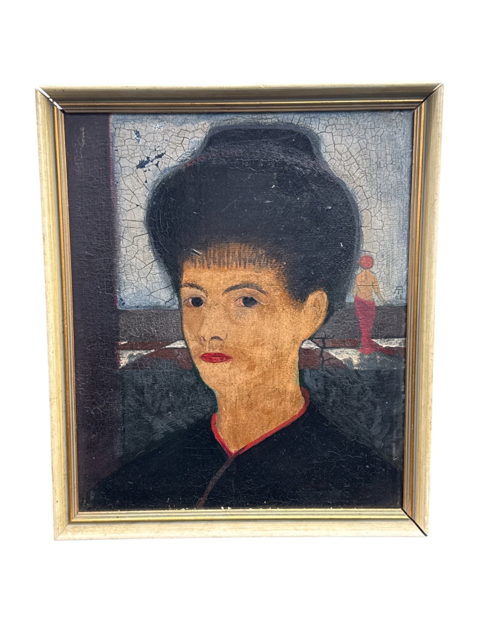 Portrait of a Woman with Dark Hair Oil on Canvas Painting: This original oil on canvas painting depicts a woman in three-quarter profile with dark hair styled high, rendered in a restrained palette with expressive brushwork. The composition suggests an early