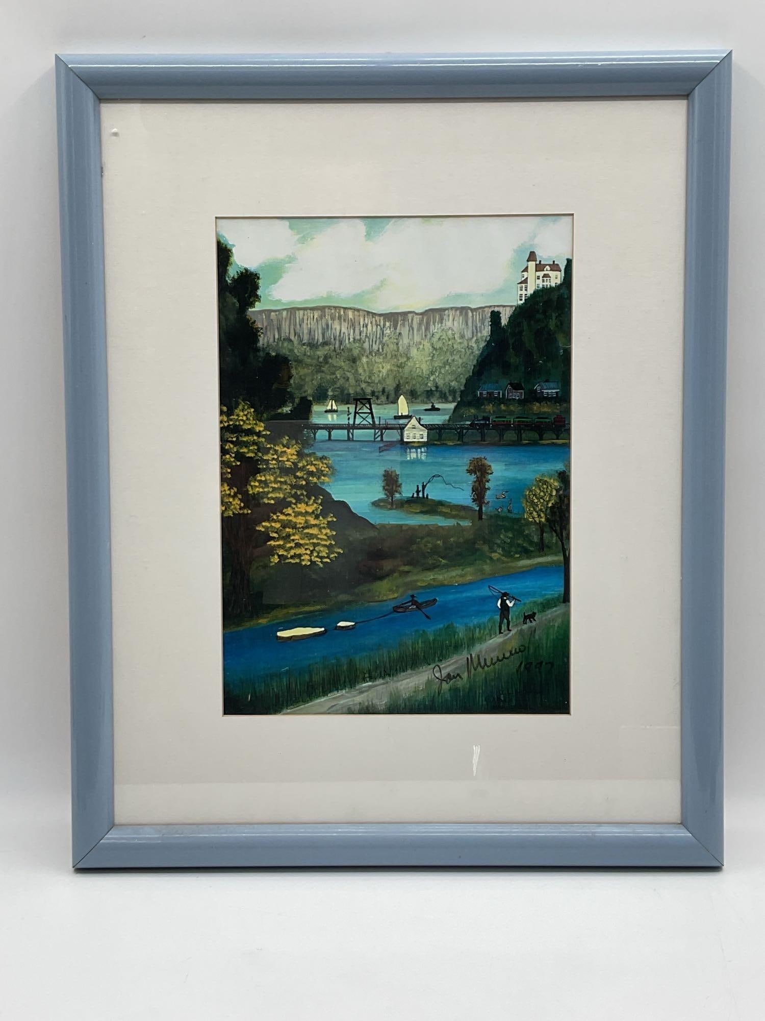 Hudson River Scene by J.L. Murno: Serene Americana landscape by Jan Murno depicting a nostalgic Hudson River valley scene. Features boats, trains, and figures at leisure with detailed architectural and natural elements. Hand-sign