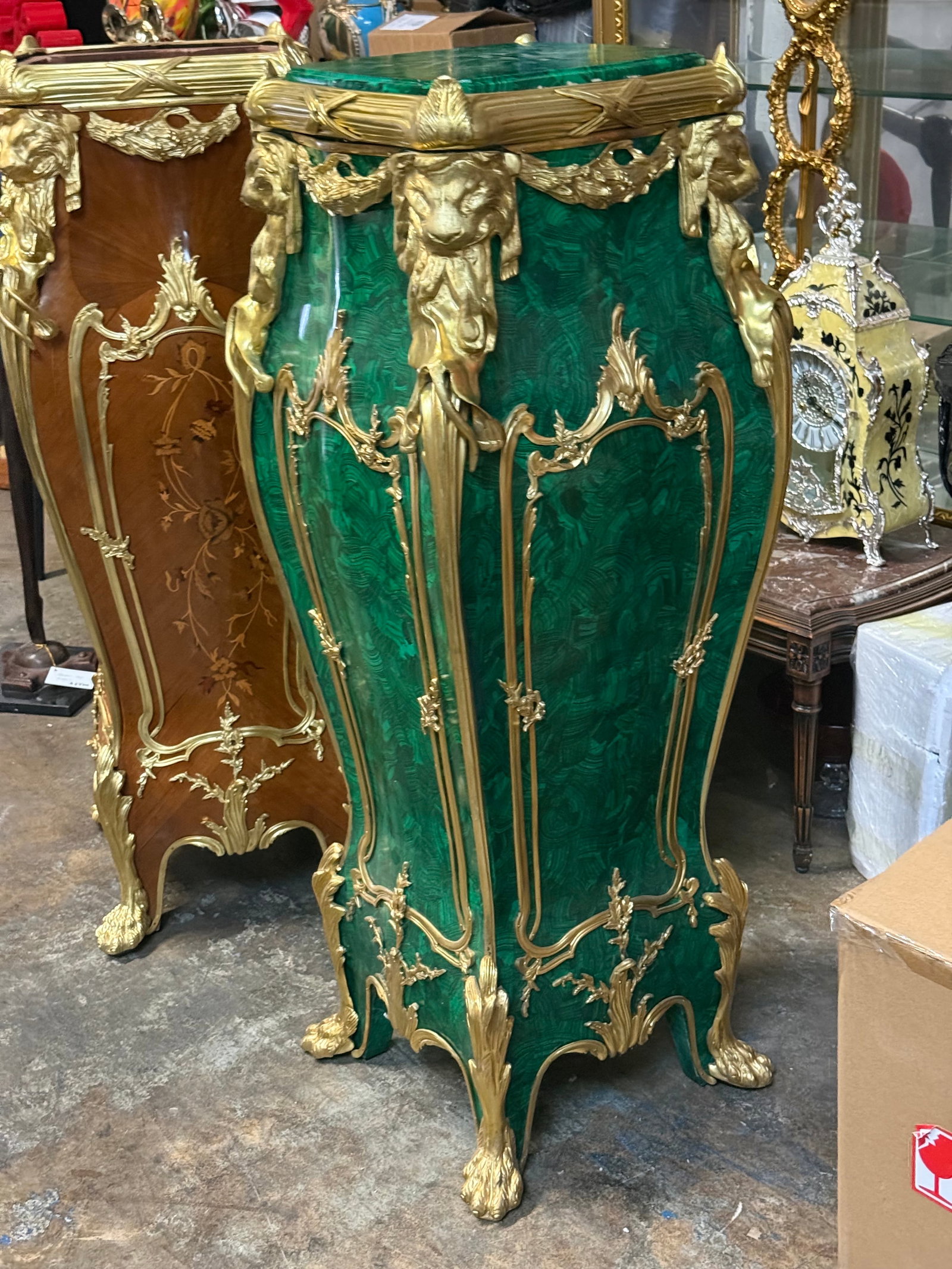 A Superb Pair of Large French Louis XV / Napoleon III Style Gilt-Bronze Mounted Faux Malachite: Description This is a magnificent pair of pedestals or stands, presented in a luxurious French Louis XV or Napoleon III revival style. The