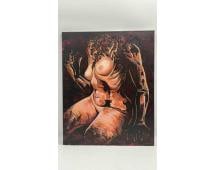 Expressionist Nude by Darwin: Bold contemporary painting depicting a stylized seated nude figure in expressive tones of ochre, red, and brown, with dramatic brushwork and abstract detailing. Signed "Darwin" and dated