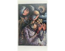"Lovers Under the Crescent Moon" by Darwin: A highly stylized and symbolic portrait of two lovers, this signed painting by Darwin features flowing textures, ornate patterns, and celestial motifs. The couple is portrayed with serene