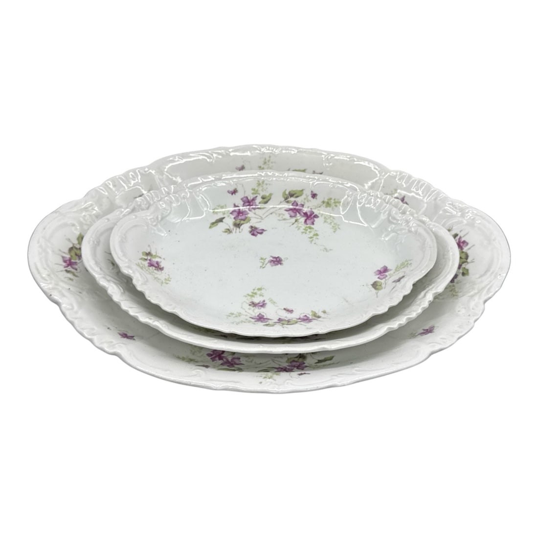 Imperial H&C Carlsbad Austria Three Piece Porcelain Serving Platter Set: Elegant three piece porcelain serving platter set by Imperial H&C Carlsbad Austria. Each oval platter features delicate hand painted floral sprays in soft pink and green tones, complemented by mol