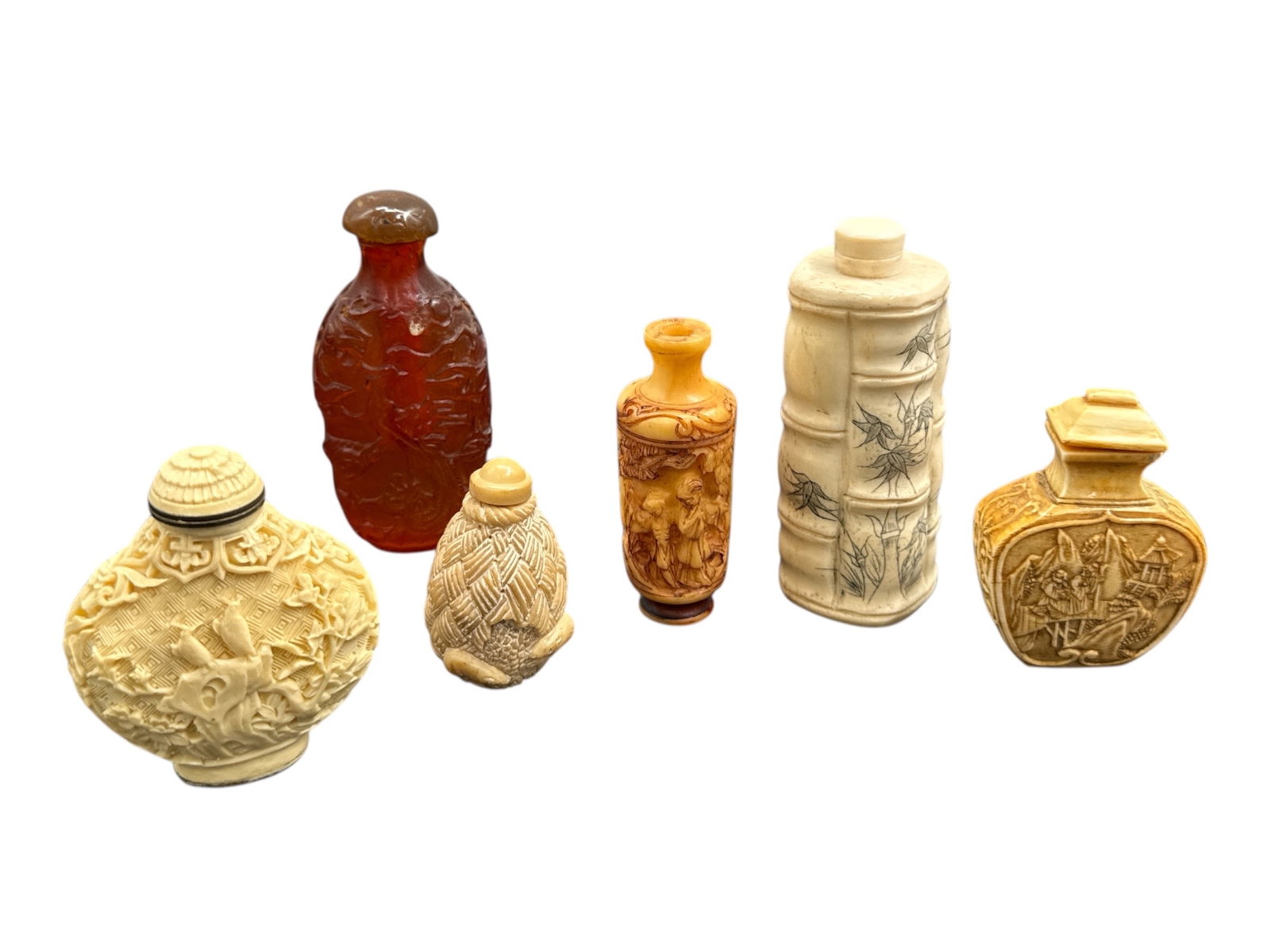 Group of Six Asian Style Carved Miniature Snuff Bottles (1 of 2)