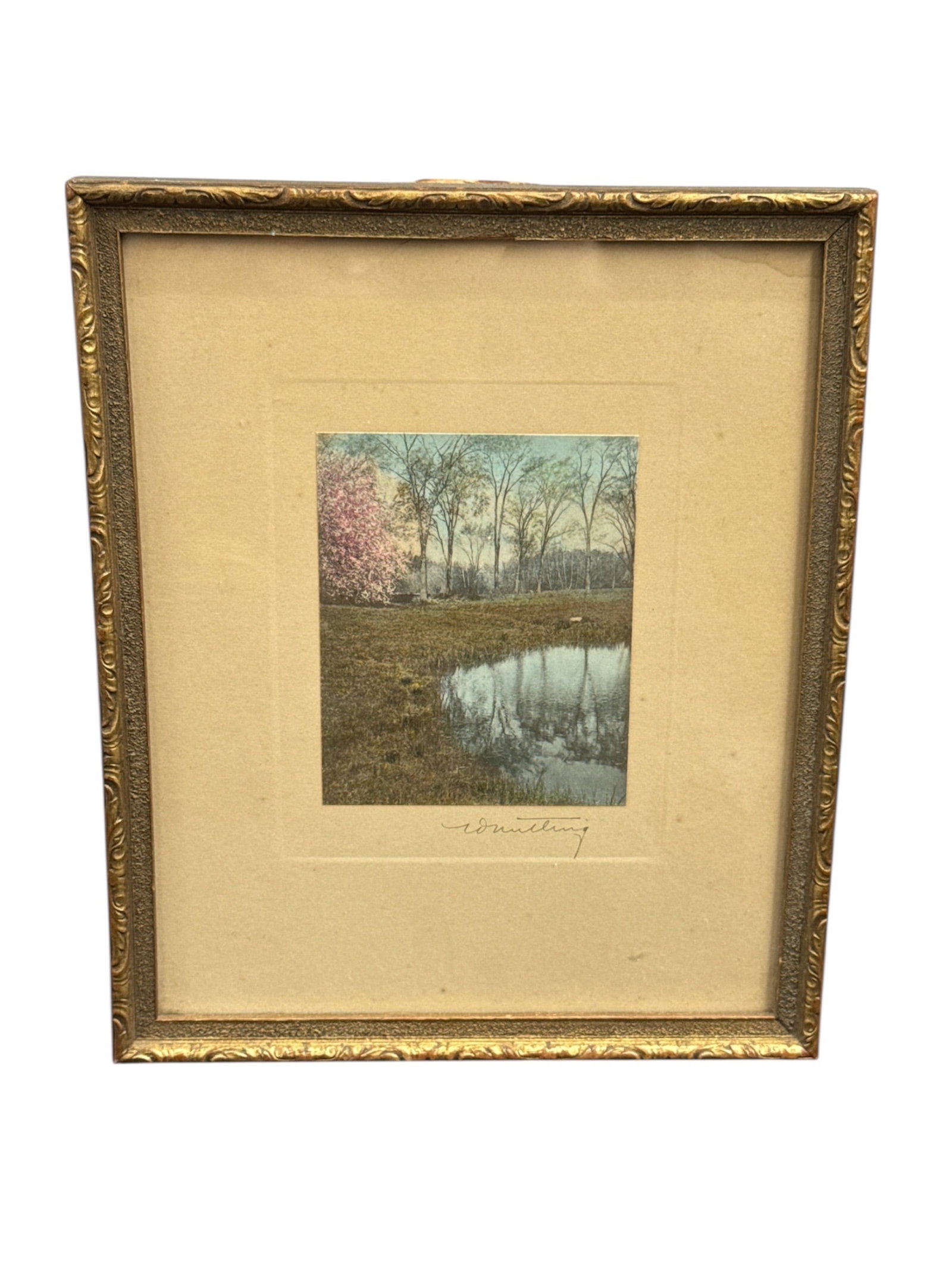 Framed Signed Spring Landscape Scene with Pond (1 of 3)