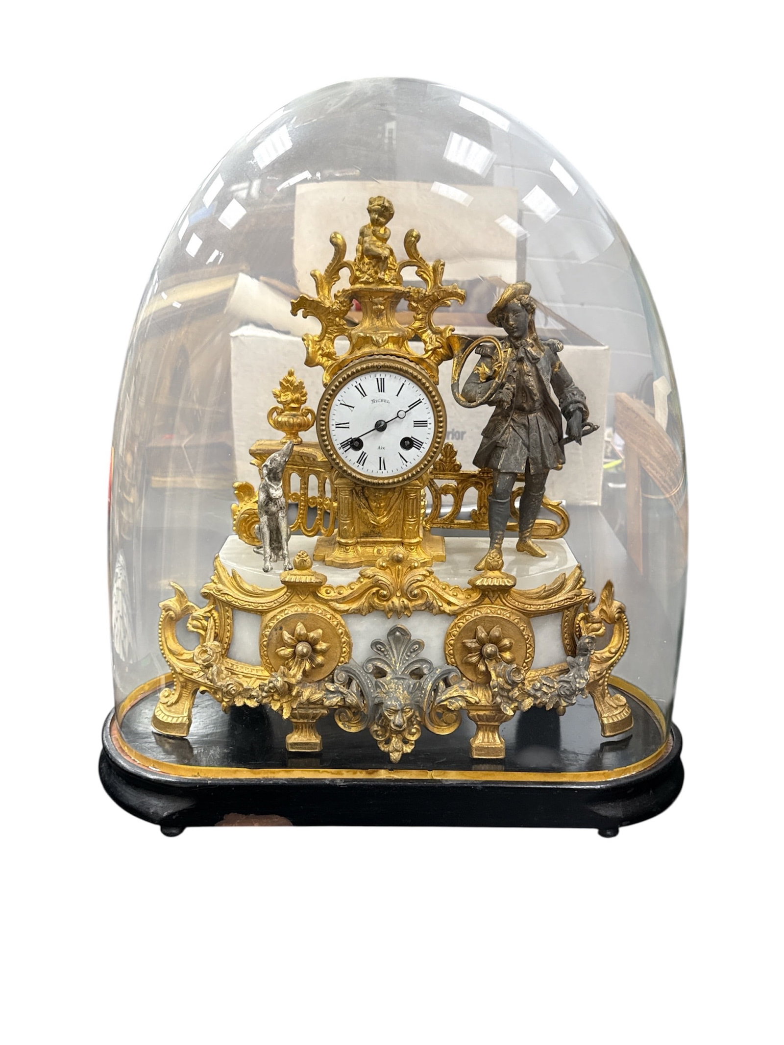 RARE French Gilt Bronze Mantel Clock by Michel Aix Under Glass Dome (1 of 5)