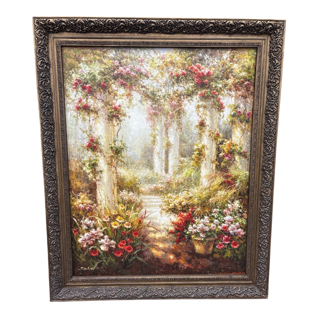 Large Scale Impressionist Garden Path Oil Painting by Shaw: This is a stunning, large-format oil on canvas that captures the ethereal beauty of a sun-drenched Mediterranean or classical garden. Executed with a heavy