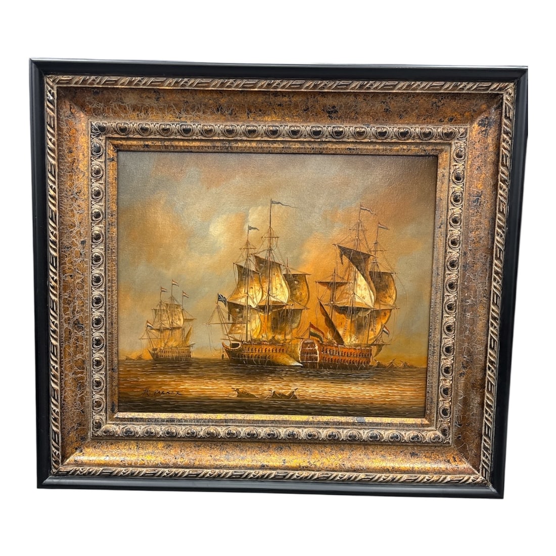 French Armada by H. Parker Oil on Canvas: This is a contemporary oil on canvas depicting a naval engagement between 17th-century style galleons. The work is signed "H. Parker" in the lower left corner. It is presented in a double-fr