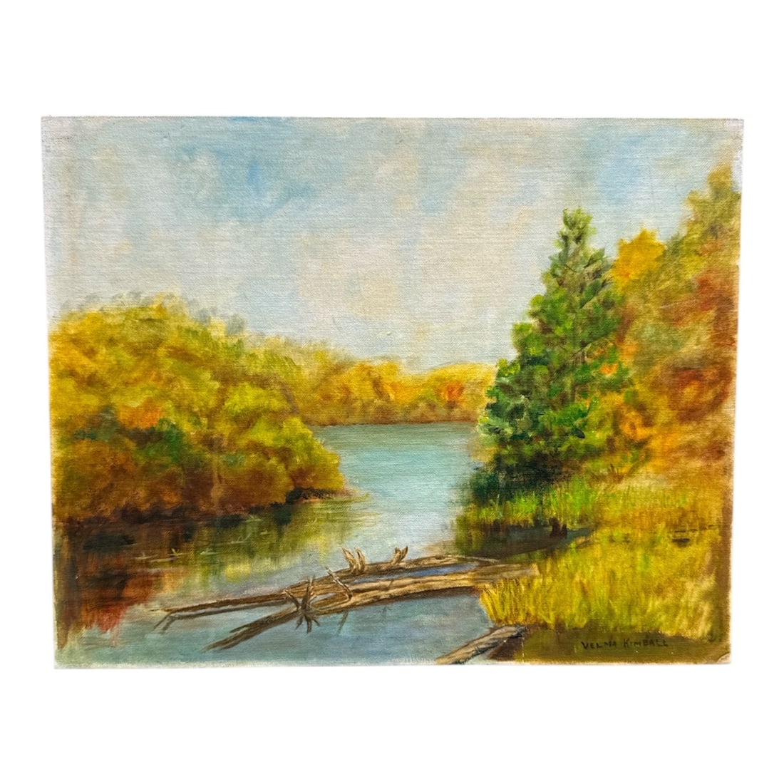 Original Landscape Oil Painting Early Fall by Velma Kimball (America, 20th C): This original oil painting depicts a tranquil early fall landscape with a calm river winding through a wooded setting. Golden and green foliage lines the banks, suggesting the transition of seasons, w
