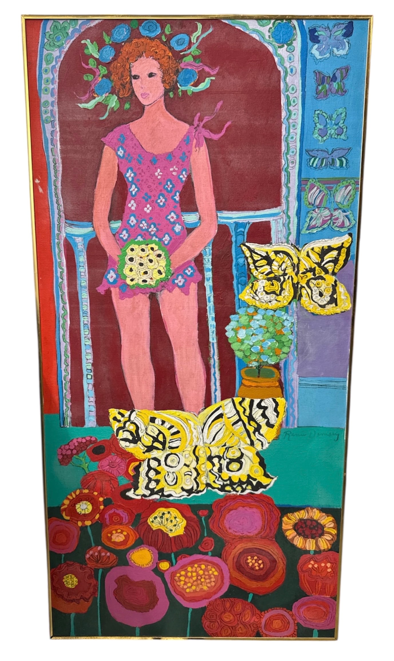 Signed Folk Art Style Figurative Painting with Butterflies, Framed: This tall, vibrant painting depicts a stylized female figure standing amid a richly patterned garden scene filled with flowers and butterflies. Rendered in a bold folk art style, the composition featu