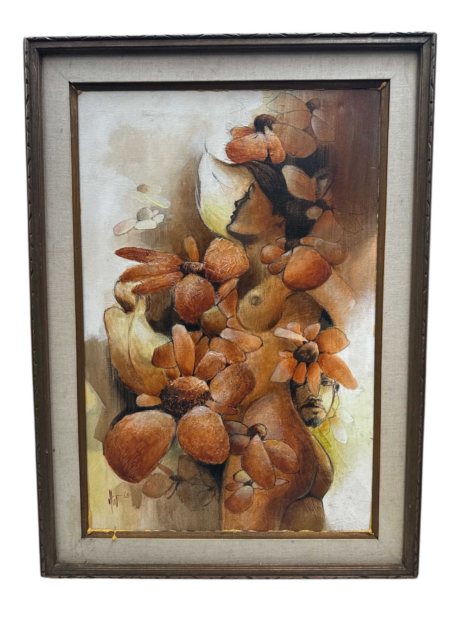 Abstract Nude Floral Composition Painting in Earth Tones - Signed: This large-scale abstract painting combines a reclining nude figure with layered floral and organic forms rendered in warm earth tones of ochre, rust, brown, and cream. The nude is subtly integrated