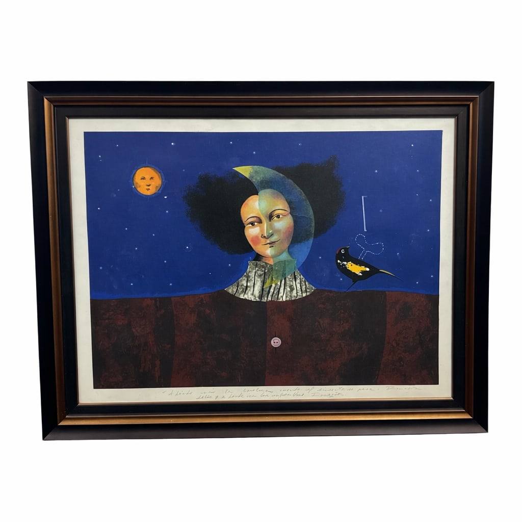 Surrealist Figurative Print by Ernesto Rancano, Framed: This large surrealist print by Ernesto Rancano depicts a dreamlike nocturnal scene centered on a stylized female figure set against a deep blue, star-filled sky. The composition incorporates symbolic