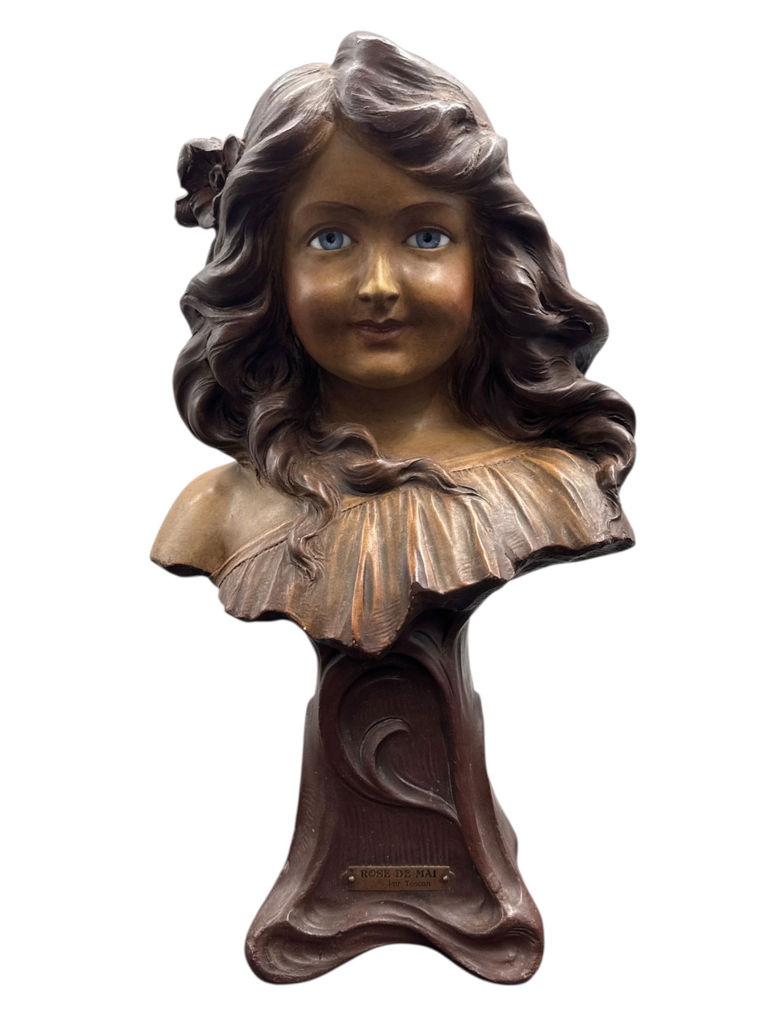 Art Nouveau Style Female Bust Sculpture Rose de Mai Par Toscan, Signed, on Integral Base: This sculptural bust depicts a young woman with flowing wavy hair and softly modeled facial features, rendered in an Art Nouveau style emphasizing natural beauty and elegant line. The figure is presen