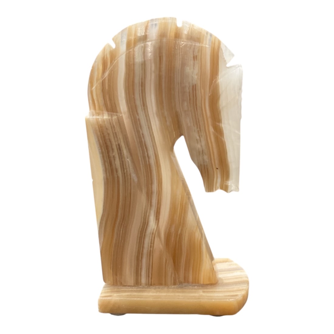 Carved Banded Onyx Horse Head Sculpture: Sculptural carved stone figure depicting a stylized horse head in profile. The piece is carved from banded onyx displaying natural striations in warm tones of cream, honey, and caramel. The modernist