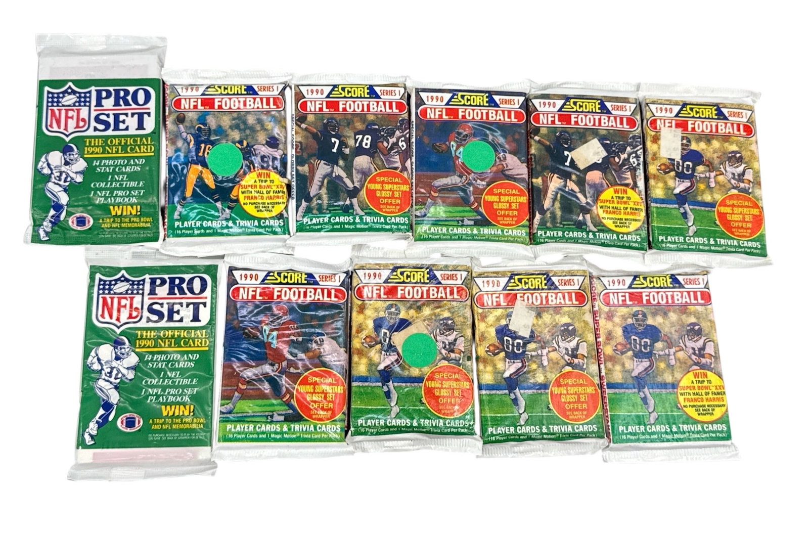 Collection of 11 Unopened NFL Trading Card Packs: Group of 11 unopened NFL trading card packs including Pro Set and other football card releases. Packs remain factory sealed and feature various players and teams from late 20th century