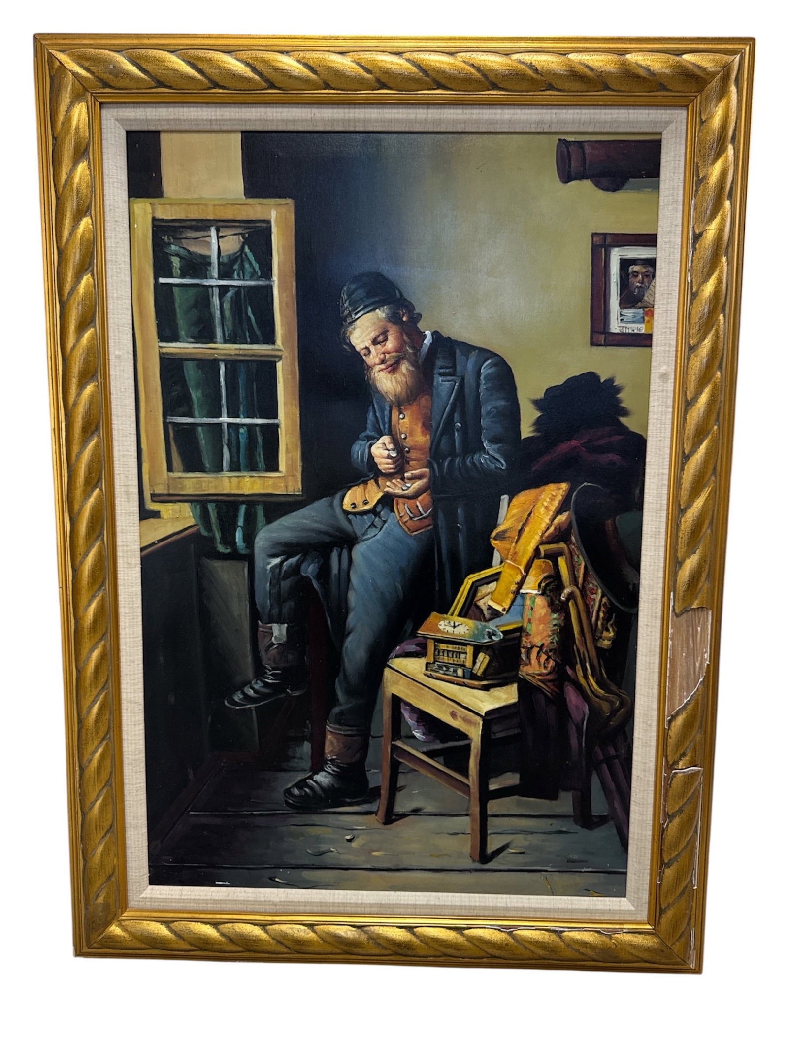 Large Framed Genre Scene Painting of Seated Man in Interior (1 of 3)