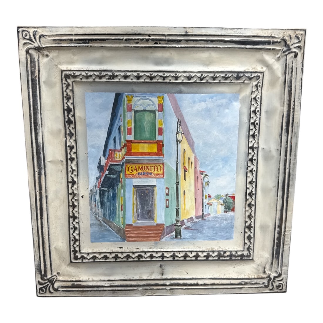 Antique Pressed Tin Ceiling Tile Panel Architectural Salvage El Caminito La Boca: Antique pressed tin ceiling tile panel featuring a painted depiction of El Caminito in La Boca. Originally salvaged and retailed by Olde Good Things New York City, a respected dealer in architectural