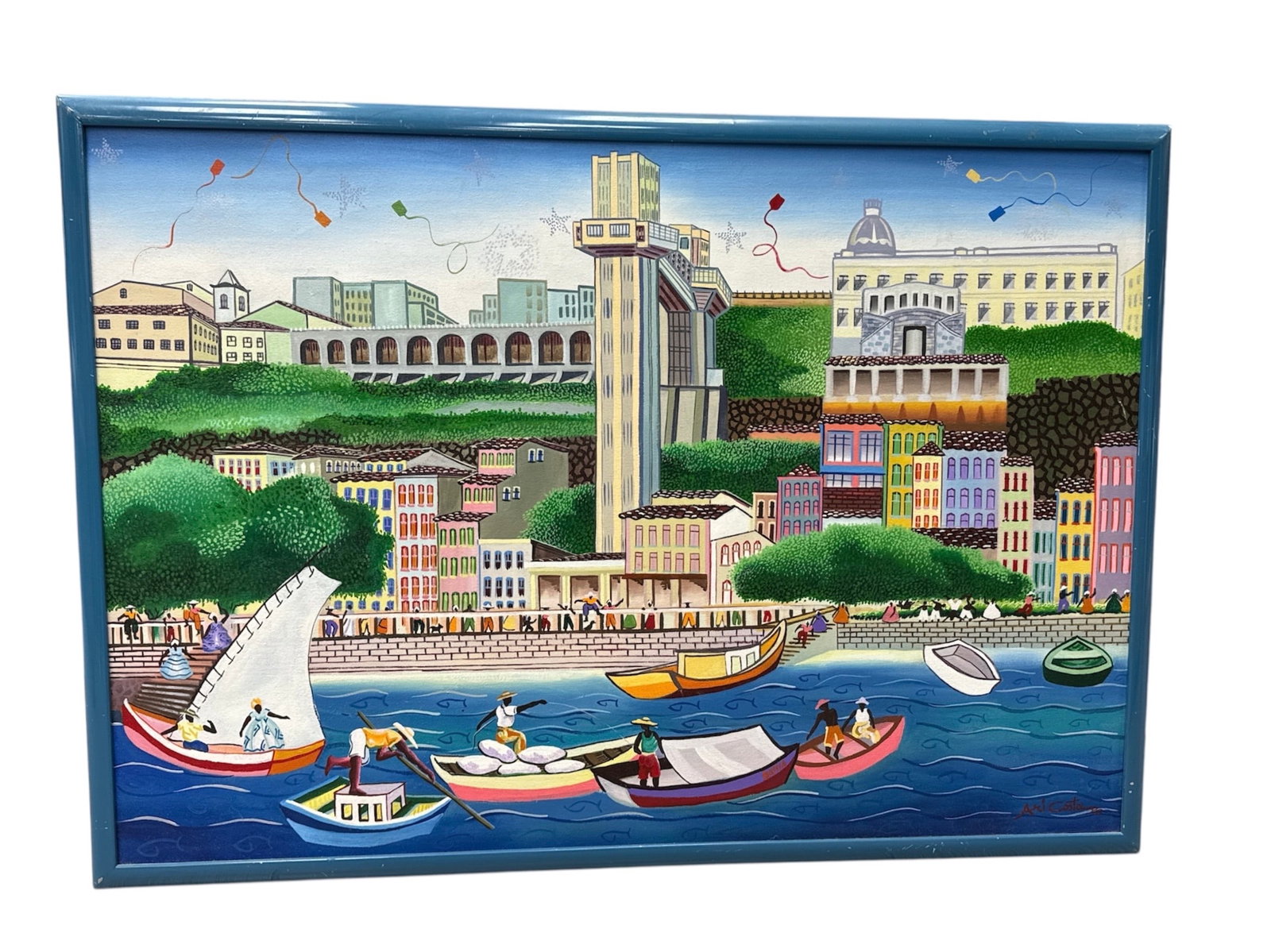 Ari Costa Salvador Bahia Harbor Scene Painting: Vibrant and colorful harbor scene painting signed Ari Costa, depicting a lively coastal view of Salvador, Bahia, Brazil. The composition features sailboats and figures along the waterfront set against
