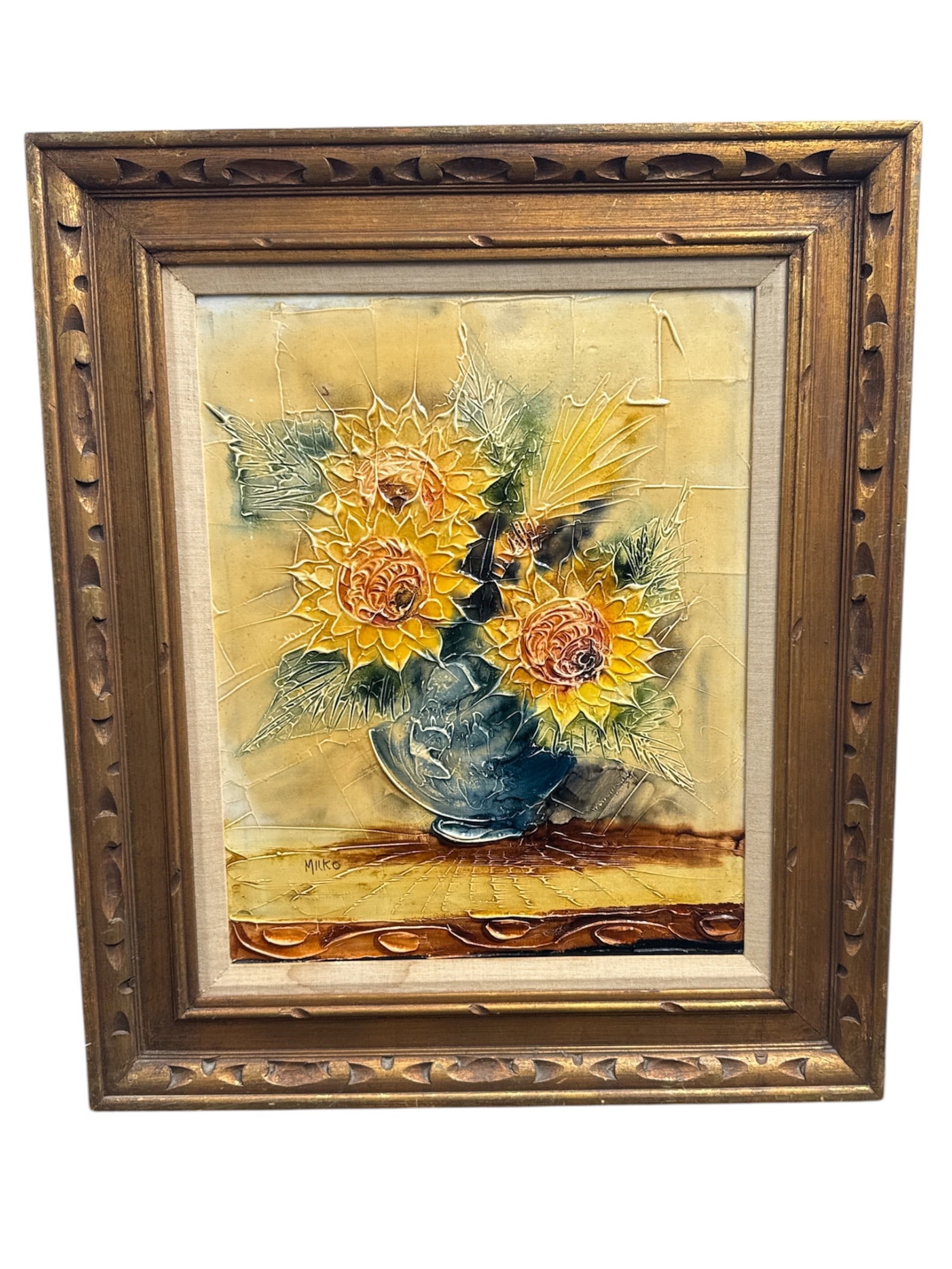 Signed Still Life -Sunflowers in Vase by Miko, Heavy Impasto Framed, Oil on Canvas (1 of 4)
