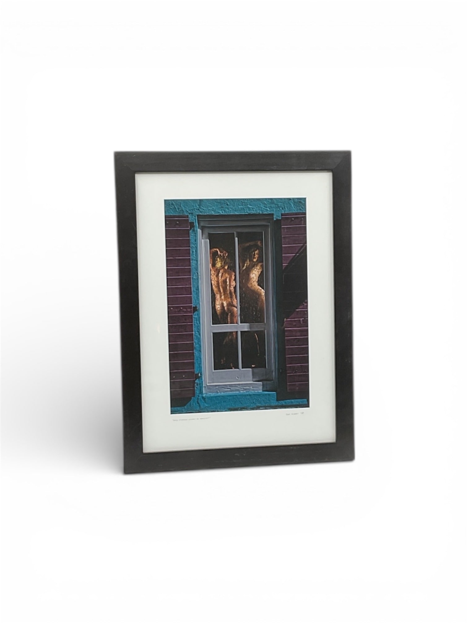 Sam Dobrow Girls in Danish Window by Moonlight Figurative Artwork 2009: Figurative artwork by Sam Dobrow titled Girls in Danish Window by Moonlight, dated 2009. The composition depicts two female figures illuminated by moonlight, seen through a window set within a traditi