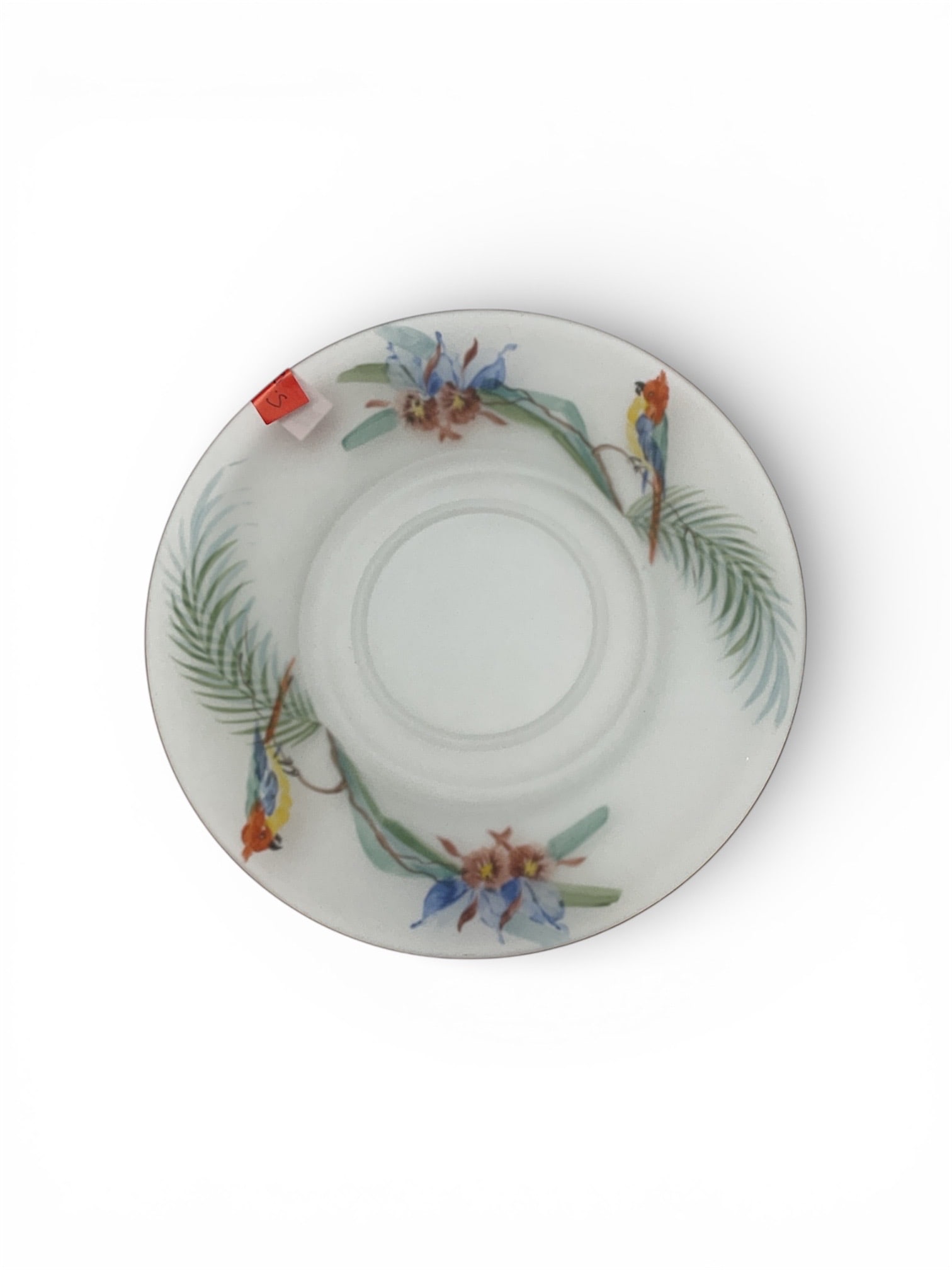 Decorative Porcelain Plate with Tropical Floral and Palm Motif: This decorative porcelain plate features a soft ivory ground adorned with a hand-applied tropical design incorporating palm fronds, exotic flowers, and botanical accents arranged around the rim. The o