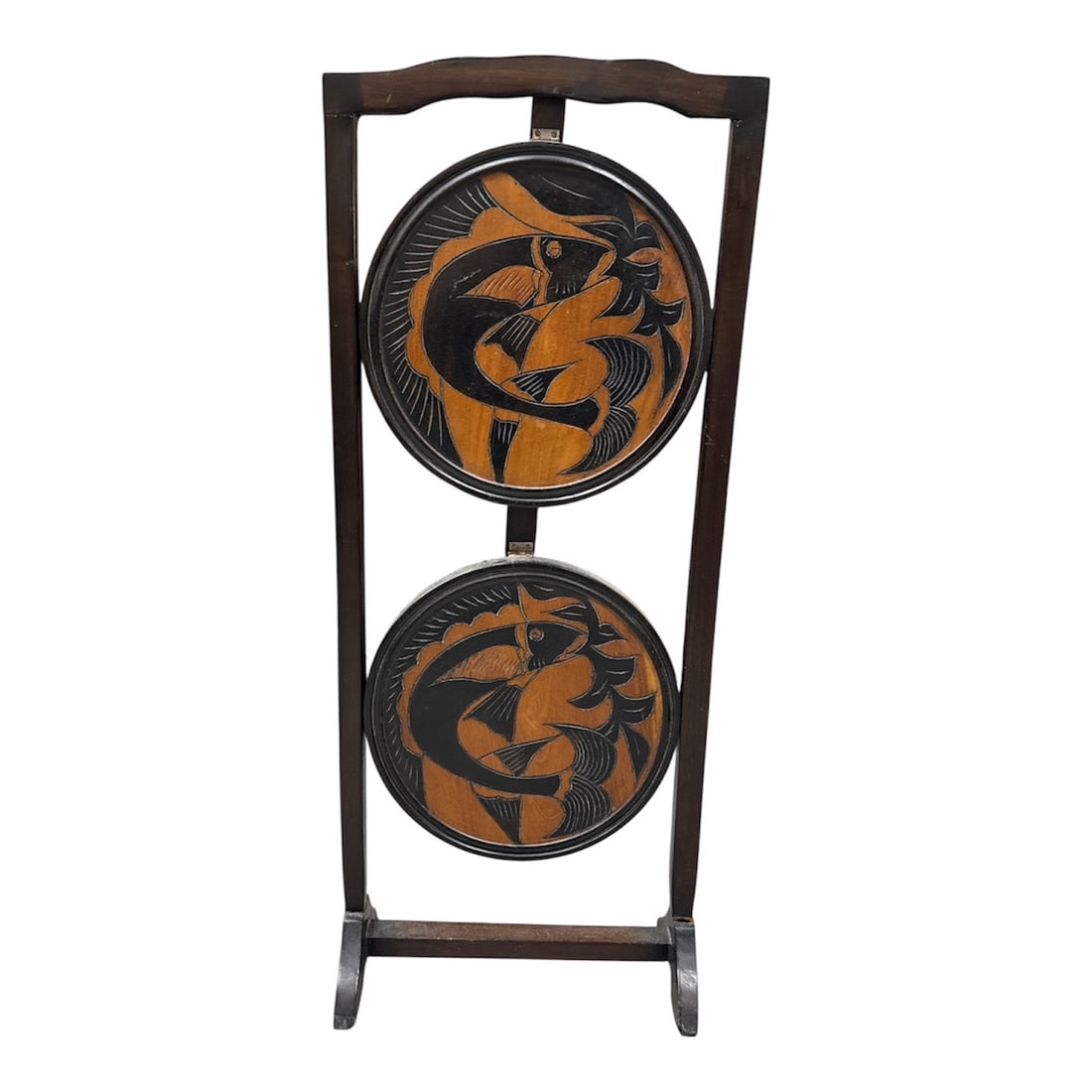Mid-Century Modern Carved Mahogany Fish Motif Swivel Screen: DescriptionThis striking Mid-Century Modern decorative screen features a dual-panel vertical design crafted from rich, dark-stained