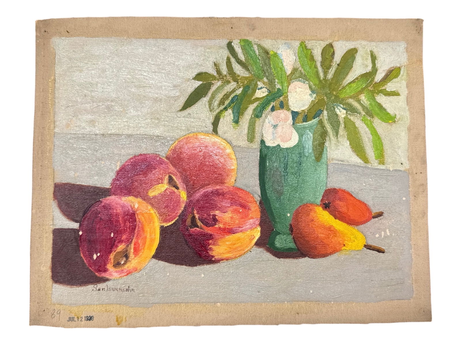 Still Life by San Lewensohn (American, 20th Century): DescriptionA charming and authentic New York School era oil on canvas board by San Lewensohn, dated July 12, 1938. This mid-century still life captures a rustic, folk-influenced aesthetic