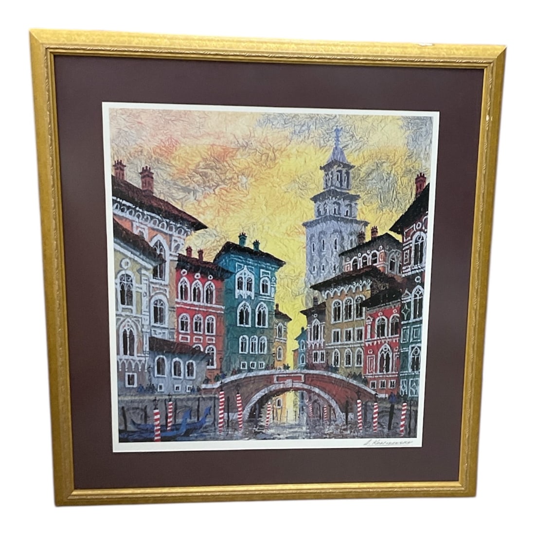 Venetian Canal with Red and White Mooring Poles: This signed work by Anatole Krasnyansky presents a striking Venetian canal scene executed in his recognizable textured, collage-influenced style. The composition features bold red-and-white striped