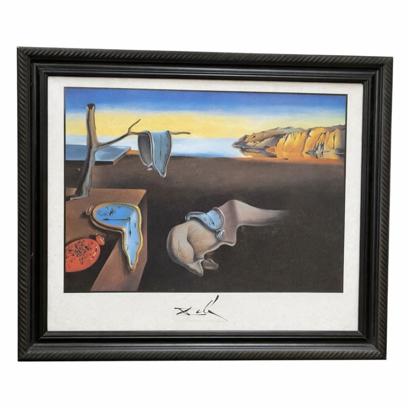 After Salvador Dalí The Persistence of Memory Surrealist Composition: Surrealist composition inspired by the iconic imagery of Salvador Dalí, depicting melting clocks across a barren dreamlike landscape with distant cliffs and an expansive horizon. This work