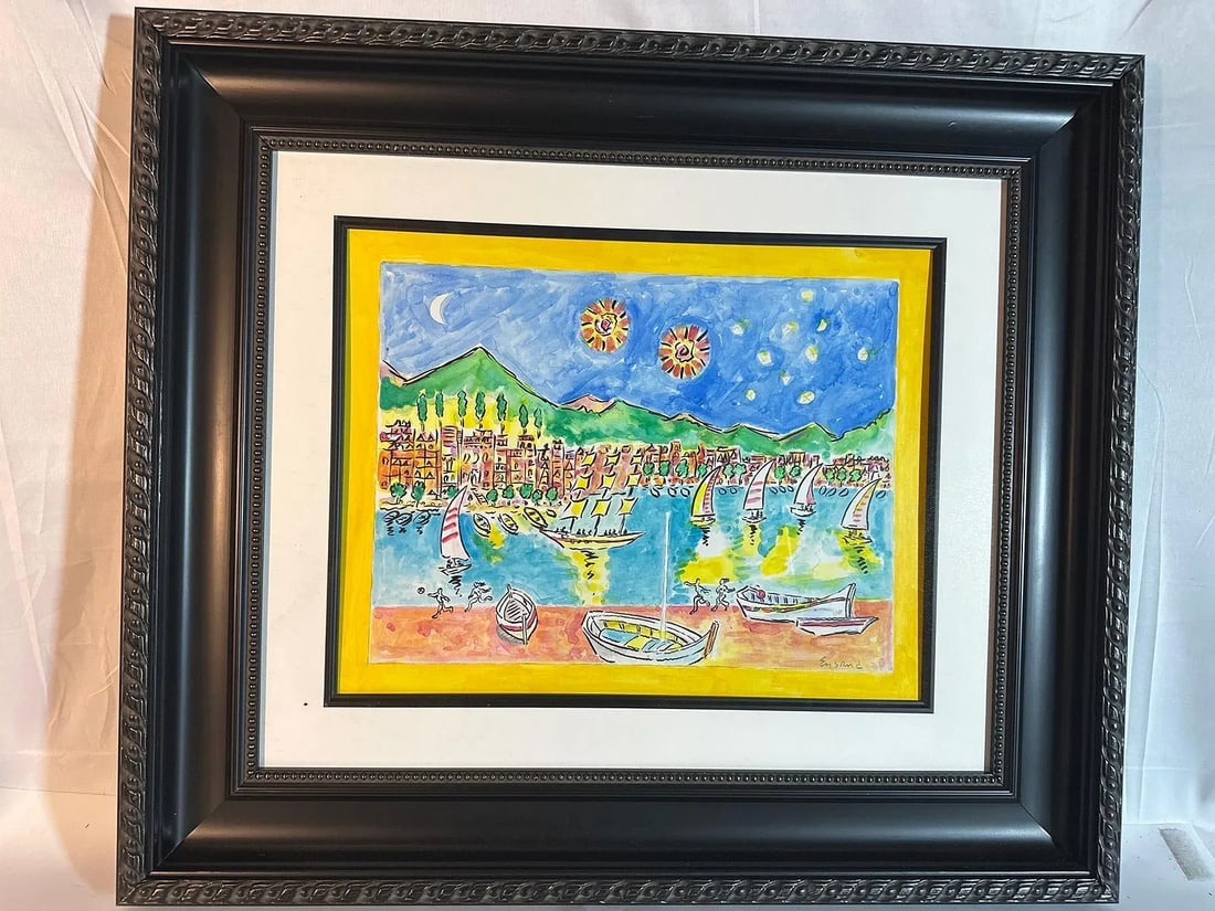 "Santa Margarita" Wayne Ensrud (American, b. 1934) Watercolor: "Santa Margarita" is a vibrant and whimsical painting by Wayne Ensrud, showcasing a colorful and lively harbor scene. The painting features sailboats, charming buildings, and a bright blue