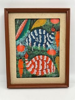 Guinea Fowl in Garden by Pierre Henry: Artist: Pierre Henry Description: Vibrant Haitian painting featuring two stylized guinea fowl in a lush tropical setting surrounded by vegetables and dense foliage. Rendered in bright, contr