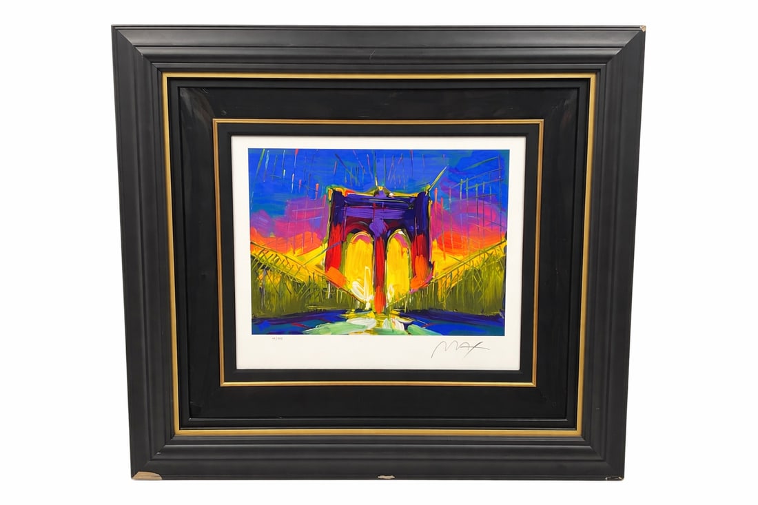 “Brooklyn Bridge?? by Peter Max (German/American, b. 1937) Serigraph: Vibrant limited edition serigraph titled Brooklyn Bridge by renowned Pop artist Peter Max. The composition depicts the iconic Brooklyn Bridge rendered in Max’s signature expressive style with bo
