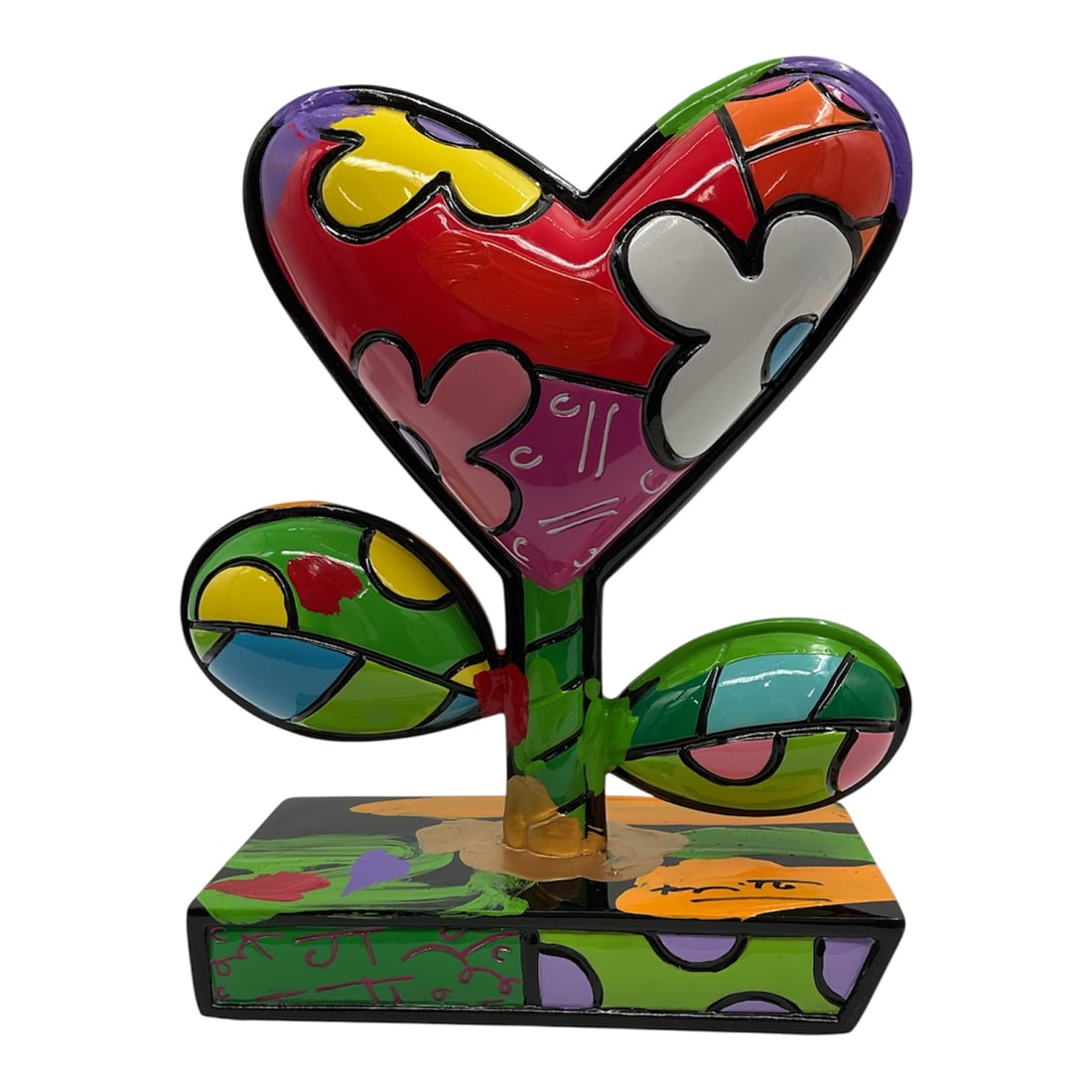 Romero Britto Love Grows Park West Gallery Sculpture: Colorful contemporary pop art sculpture titled Love Grows by Brazilian artist Romero Britto (b. 1963). The piece features Britto’s iconic heart-shaped flower motif rendered in bold colors with t