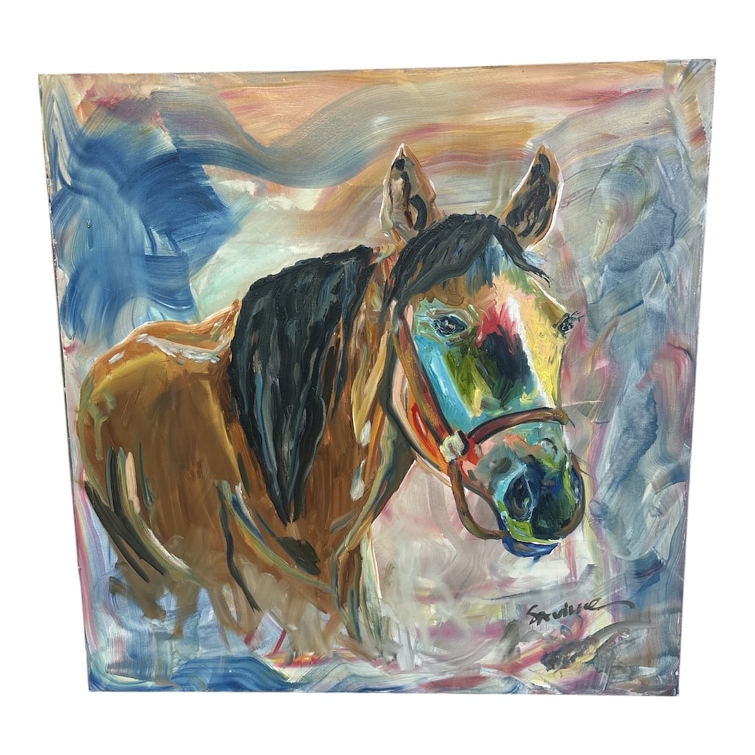 Kate Saville (b. 20th C) oil on canvas - Race Horse: Kate Saville, American (b. 20th C) oil on canvas “Race Horse” c. 2025 Signed lower right. Stretched on wood. Retails $5450. In great condition. 36”x36” Kate Saville is an inter