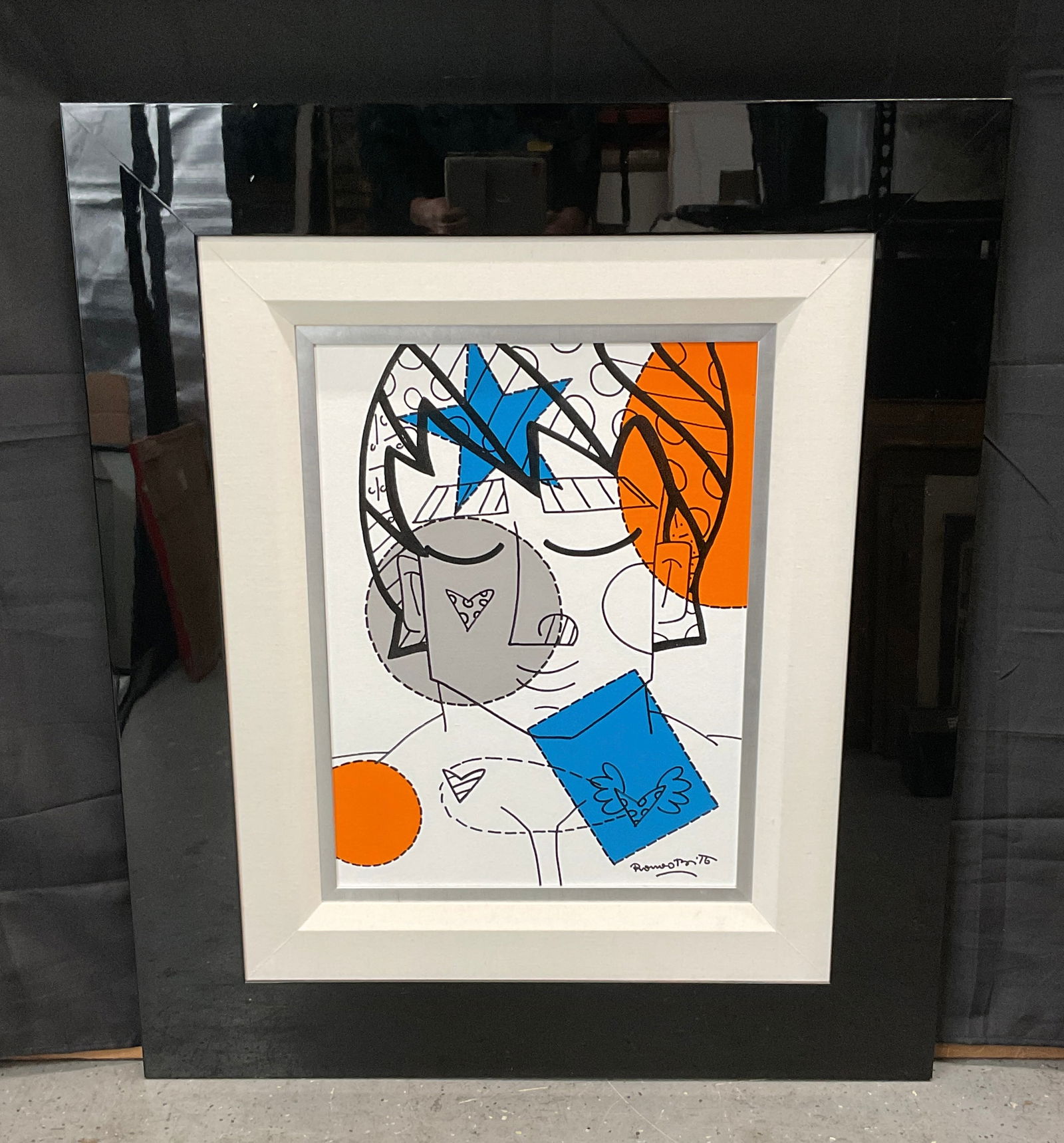 "Blues" by Romero Britto (Brazil, b.1963) Acrylic on Canvas Board: Description: Original art by Romero Britto, signed in the lower right. Features bold colors and graphic elements. Medium: Acrylic on Board Dimensions: H:41in W:35in