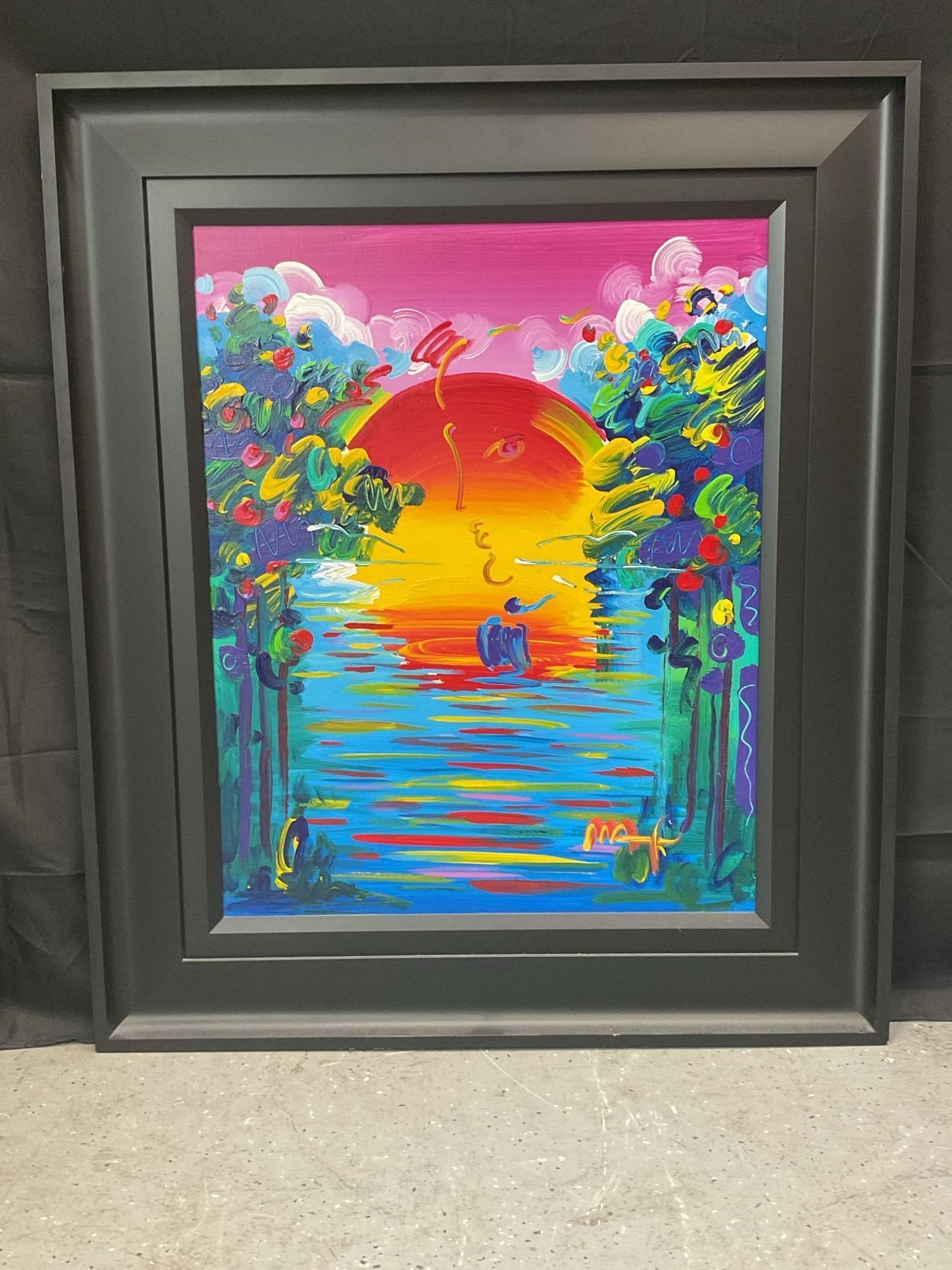 "A Better World" by Peter Max (German/American, b.1937) w/ Papers: A vivid, whimsical composition by Peter Max featuring a glowing sun setting over water, framed by expressive floral trees. The piece showcases Max’s signature use of bold colors and dreamlike, j