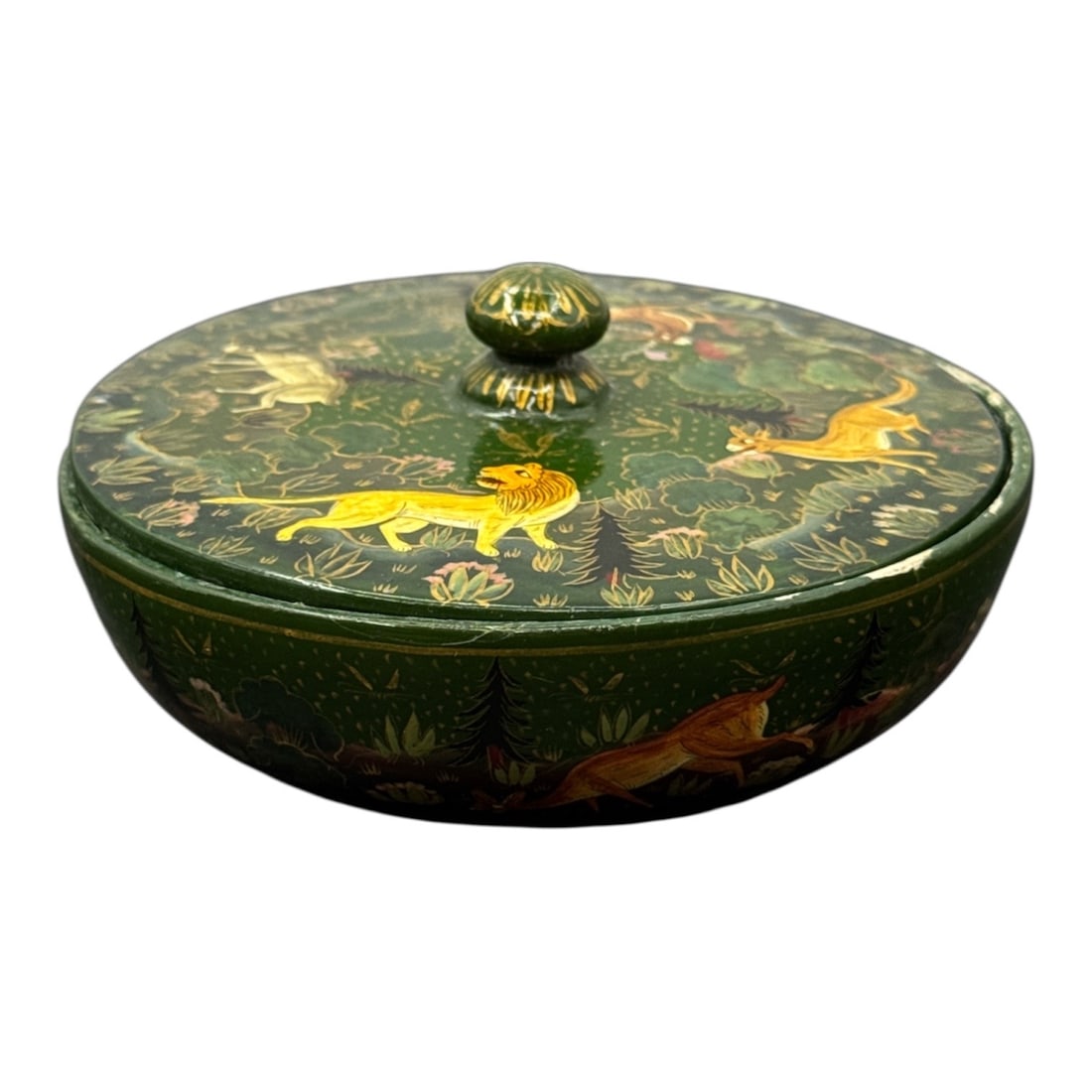 Hand-Painted Kashmiri Lacquerware "Jungle Scene" Trinket Box: This exquisite vintage trinket box is a prime example of the storied lacquerware tradition of Kashmir, India. Hand-crafted with meticulous detail, the box feature