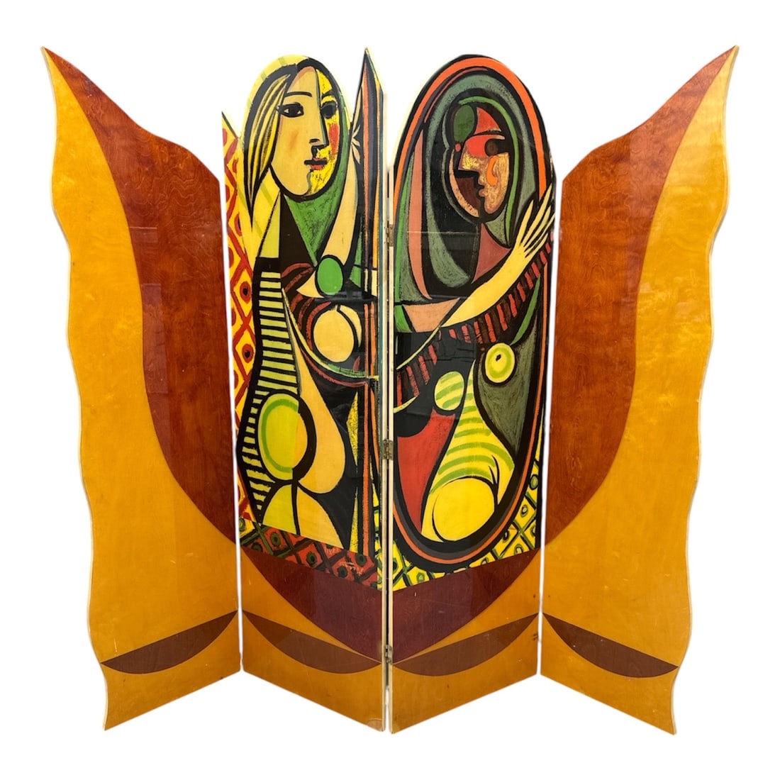 Mid-Century Modern Four-Panel Folding Screen – Picasso "Girl Before a Mirror" Style: This striking four-panel room divider is a vibrant fusion of functional furniture and bold, Cubist-inspired fine art. The central panels feature a stylized interpretation of