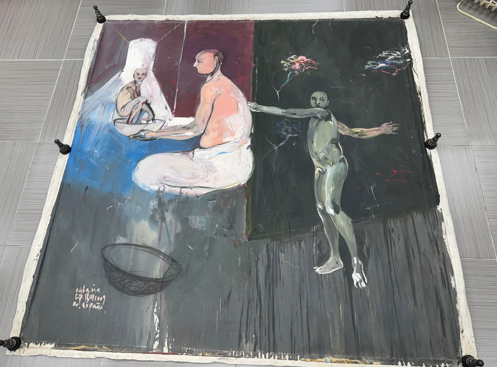 Sabana by Carlos Quintana (Cuba, b.1966) Oil on Canvas: Description: Large painting depicting three stylized figures against a divided abstract background of dark and muted tones. The piece explores human interaction and spirituality through expressive ges