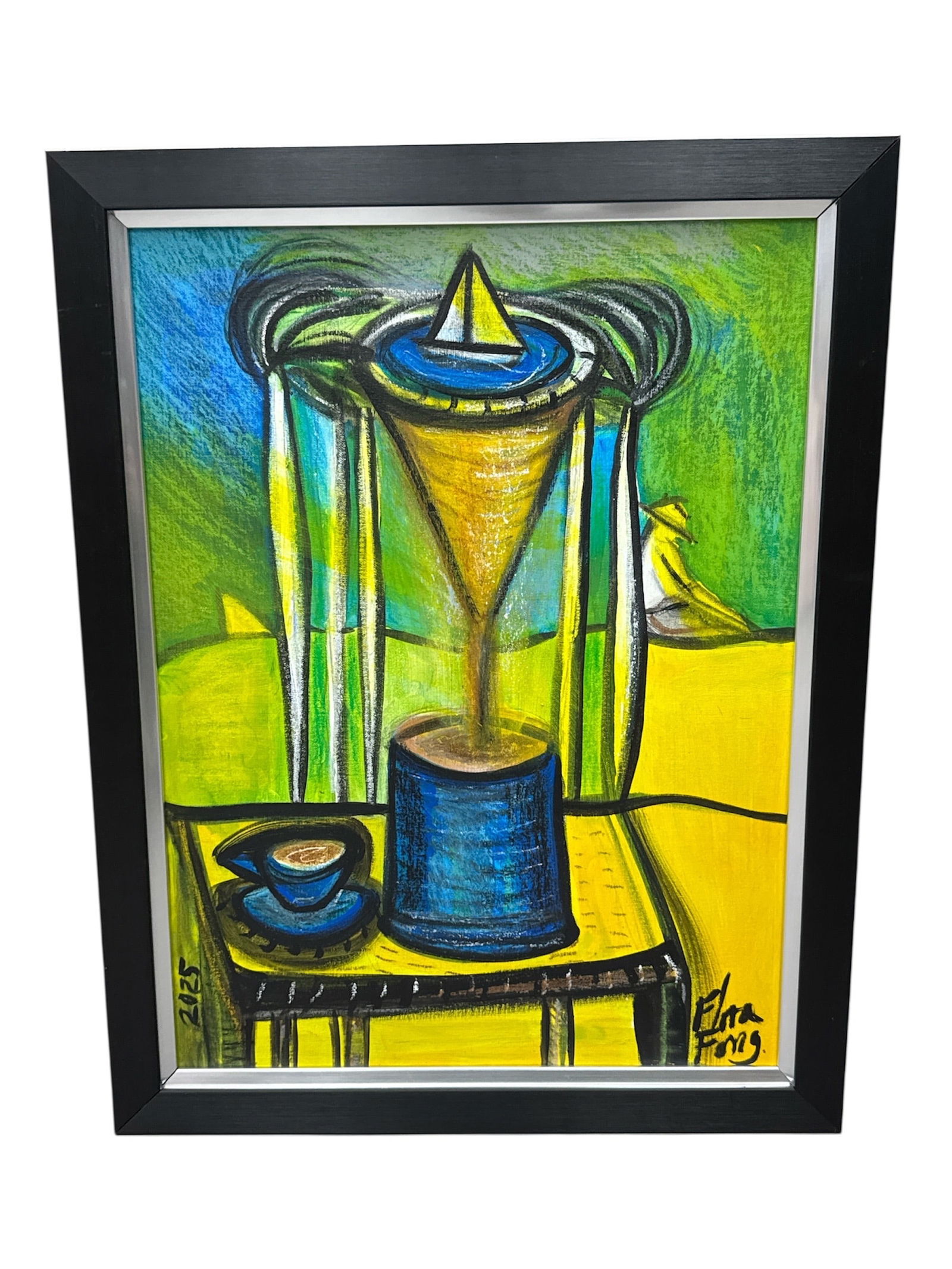 "Cafetera azul" by Flora Fong (Cuba, B.1949) Acrylic on Canvas: his vibrant 2025 acrylic painting on canvas, titled "Cafetera azul" (Blue Coffee Maker), is a quintessential example of Flora Fong’s ability to bl