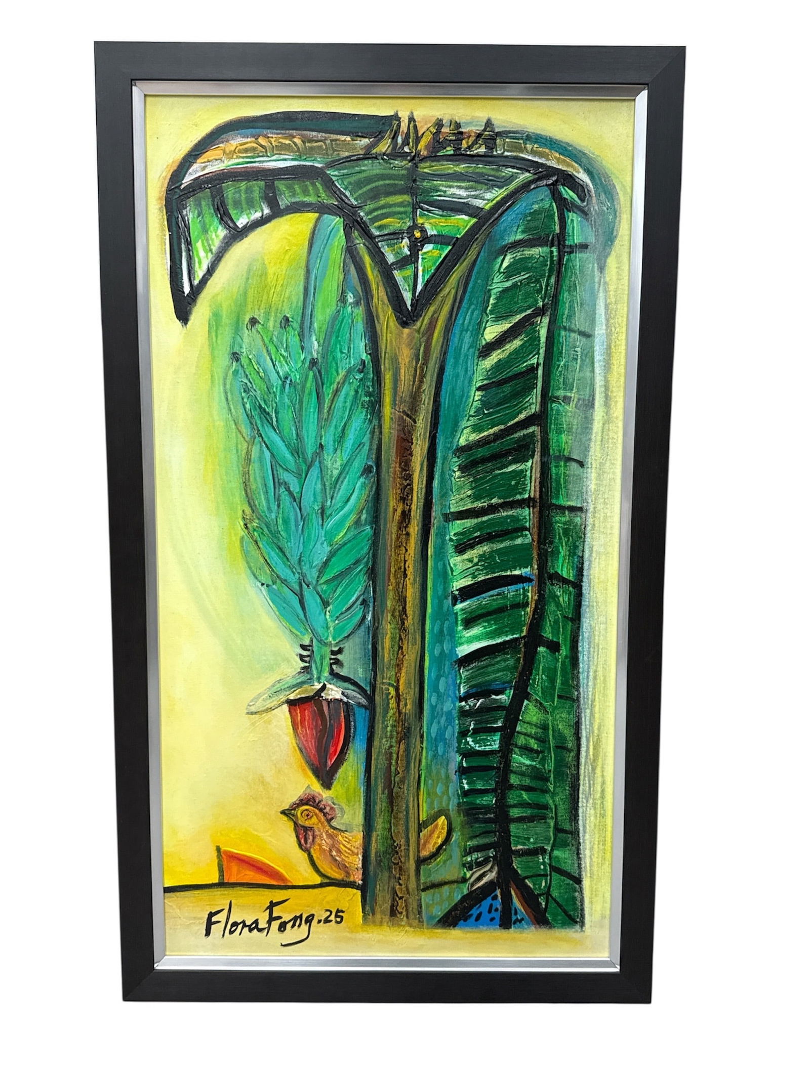 "Gallinita en el platanal" by Flora Fong (Cuba, B.1949) Acrylic on Canvas: This vibrant 2025 acrylic painting, titled "Gallinita en el platanal" (Little Hen in the Banana Grove), is a masterful expression of Flora Fong’s