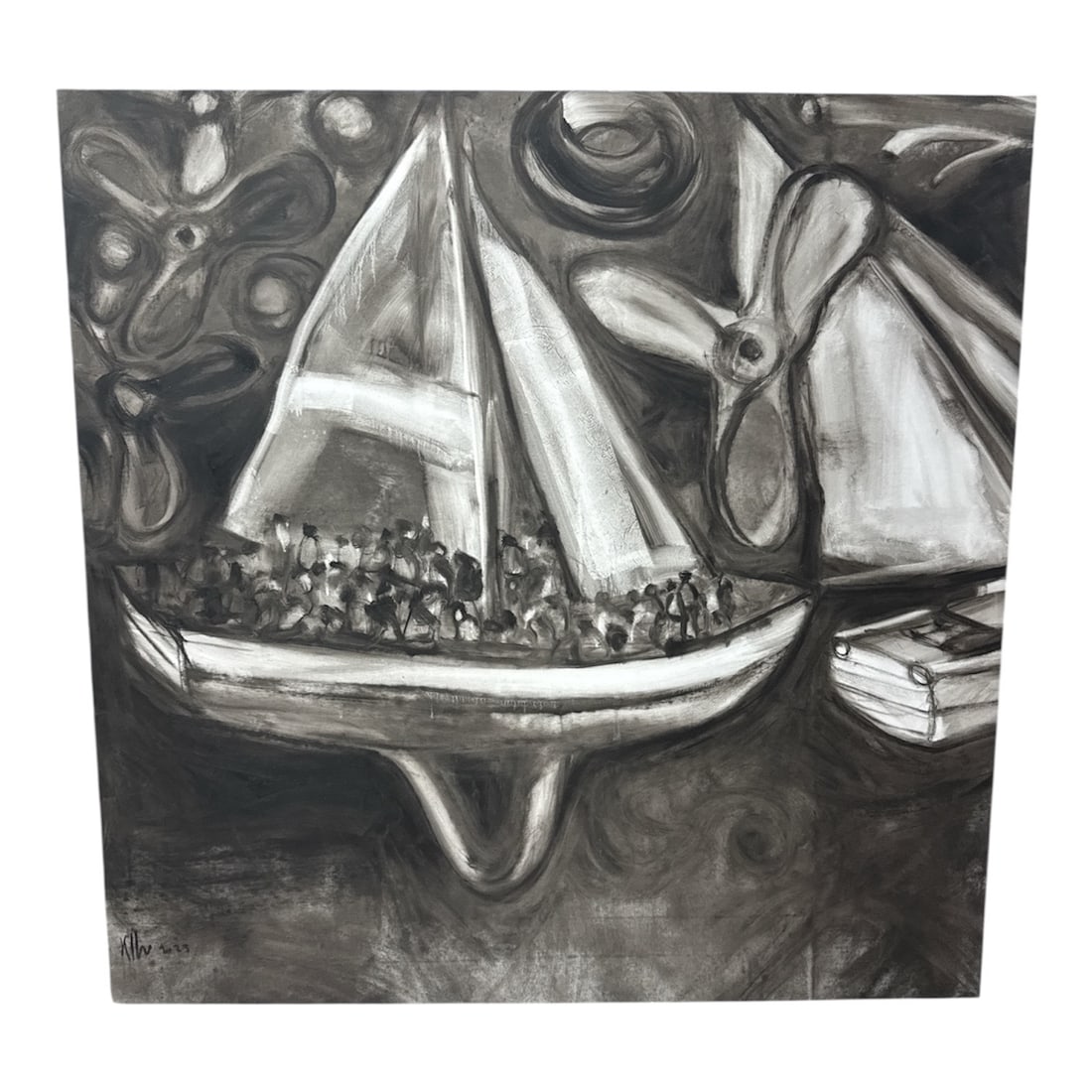 Alexis Leyva Machado (Kcho) (Cuba, B.1970) Oil on Canvas: This 2023 large-scale oil painting, is a primary work by the internationally acclaimed Cuban artist Alexis Leyva Machado, known as Kcho. The composition features