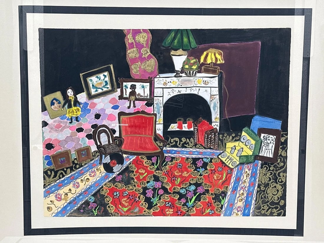 "Interior Scene" by Serge Gainsbourg (France, 1928-1991) Gauche: Description: This piece is a rare painting by the legendary French musician, poet, husband (To Jane Birkin), and artist Serge Gainsbourg (born Lucien Ginsburg, 1928-1991). The