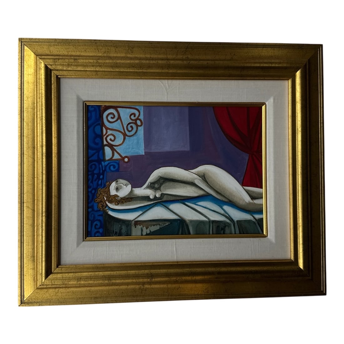 Arcadio Cancio (Cuban, b. 1952) Portrait Oil Painting, Signed, Silver Bride: The artwork depicts a stylized, reclining female figure in a horizontal pose, rendered in a muted palette against a deep purple background. Key compositional elements include:Architectural