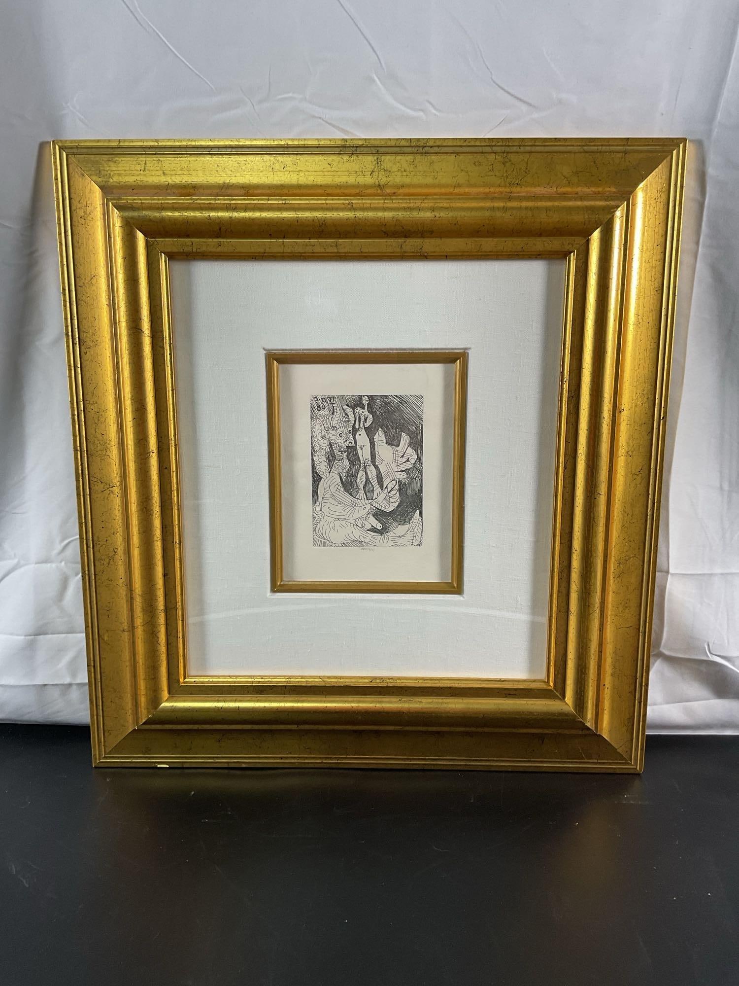 "La Celestine Bloch" by Pablo Picasso(Spain 1881-1973) Etching w/ COA:  A finely detailed black-and-white etching, from Pablo Picassos illustrations for the play "La Celestine" by Fernando de Rojas. The scene showcases Picasso’s signature