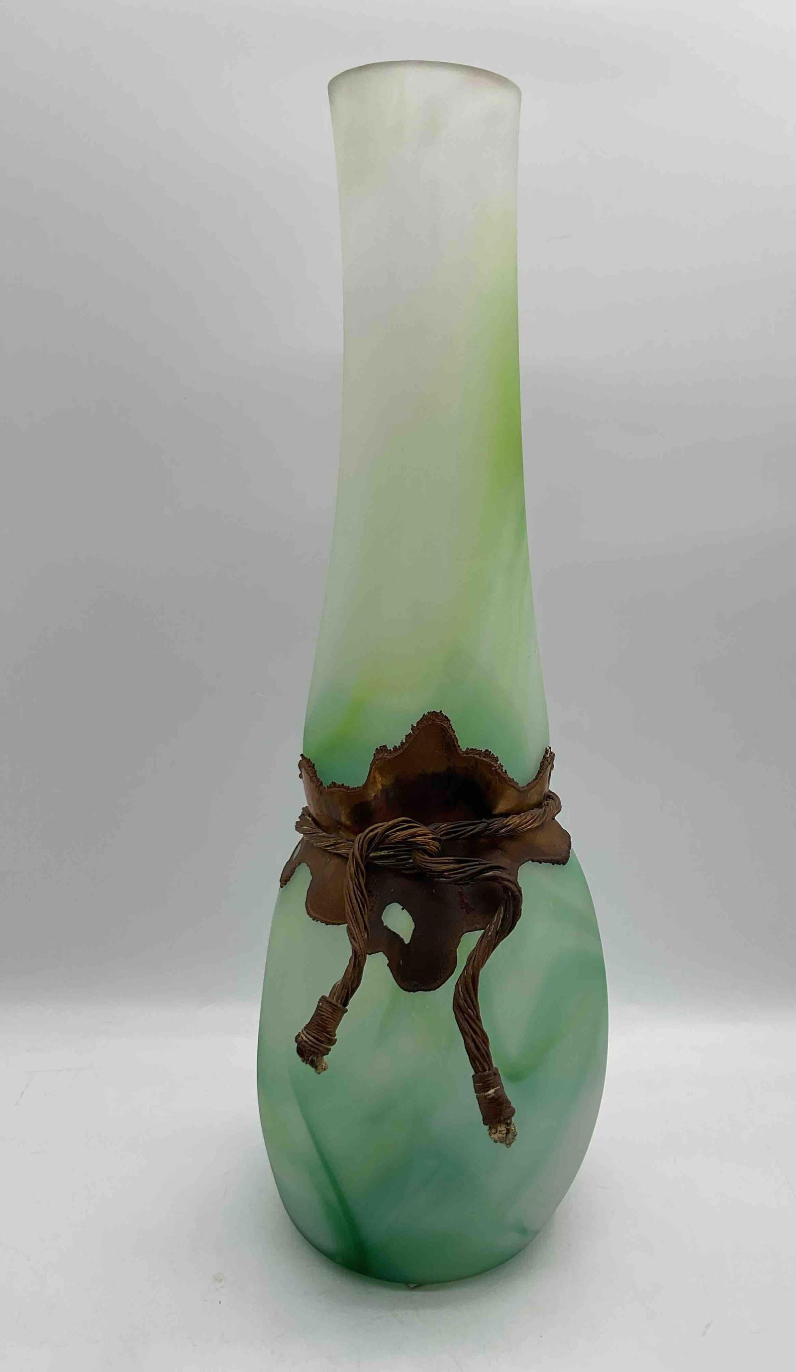 Art Nouveau Style Ion Tamaian Romanian Glass Vase: Tall gradient glass vase in shades of green to white, decorated with ornate gilt bronze or metal mounts in an Art Nouveau style. Elegant decorative piece with a refined artistic design. Medium Glass w