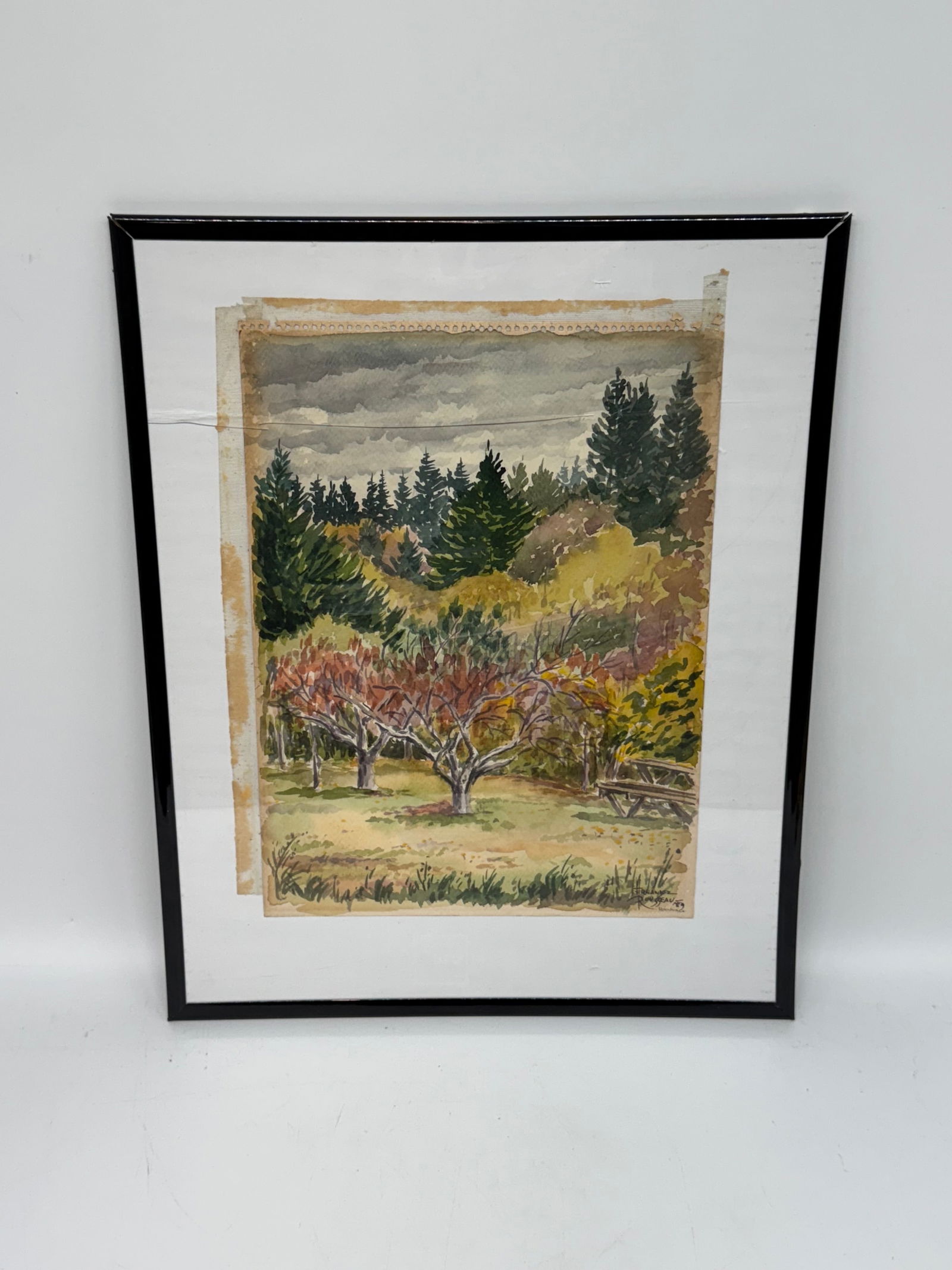 Theodore Rousseau "Fortuna" 1987: This 1987 watercolor by Theodore Rousseau captures a tranquil countryside landscape, likely in Fortuna, California, as noted in the signature. The scene features a meadow bordered by colorful autumn t