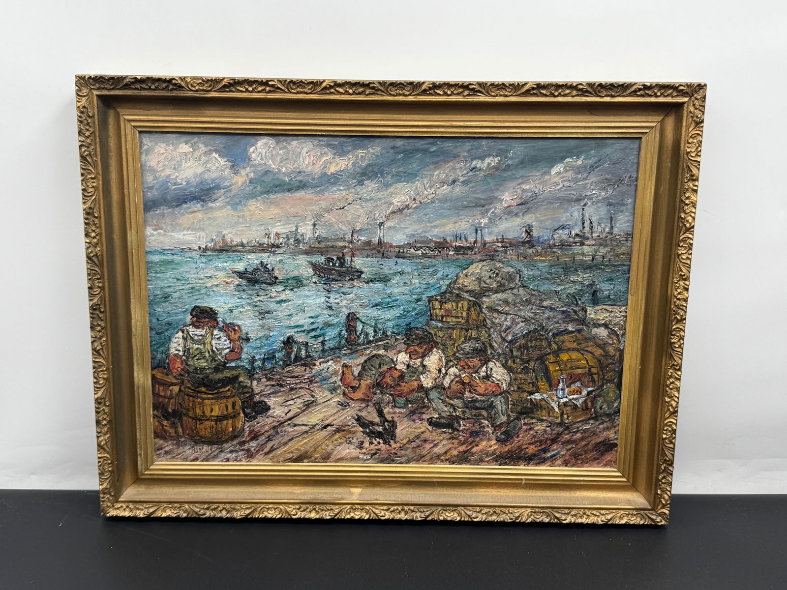 North Port Long Island by David Burliuk ( Ukraine, 1882-1967) Oil on Canvas: Description: Original oil on canvas titled North Port Oil by Ukrainian-American artist David Burliuk (1882–1967), signed Burliuk in the lower left. This richly textured coastal scene