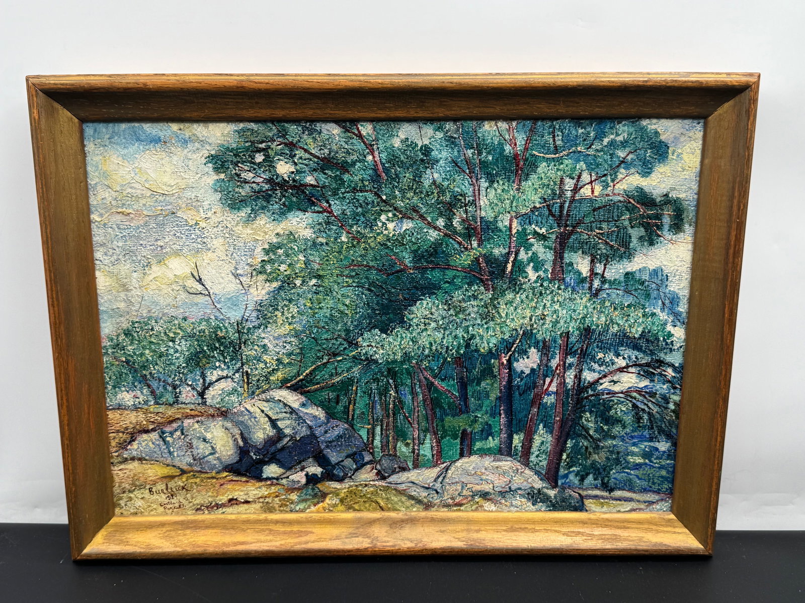 “Cortland Park, NY?? by David Burliuk (Ukraine, 1882-1967) Oil on Canvas: Description: Original 1929 oil on canvas by Ukrainian-American artist David Burliuk, signed and inscribed “Burliuk 1929 Cortland Park, NY” in the lower left. This richly textured landscape