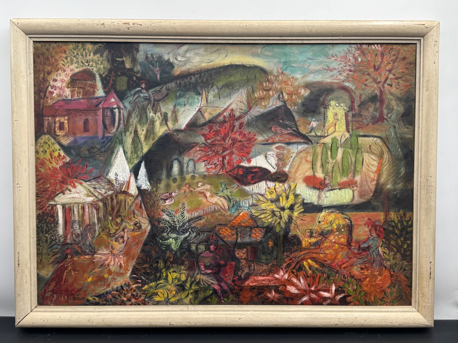 Louis Goodman Ferstadt (American, 1900-1954) Oil on Canvas, Signed: Description: Vibrant and imaginative expressionist oil on canvas by American artist Louis Ferstadt, signed in the lower left. The richly layered composition depicts a fantastical village landscape